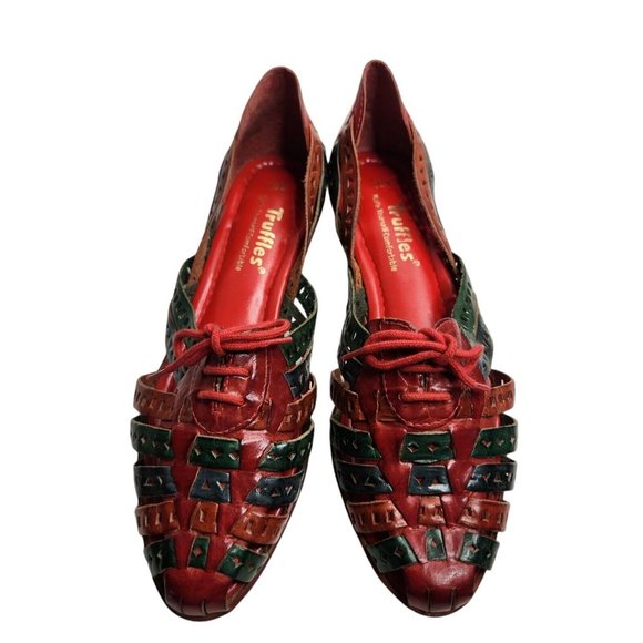 Vintage Red Green Huaraches Sandals Size 10W Leather - Picture 1 of 9